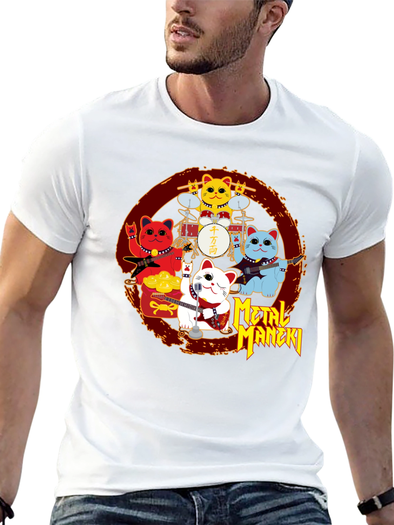 Metal Maneki Neko Rock Band T-Shirt