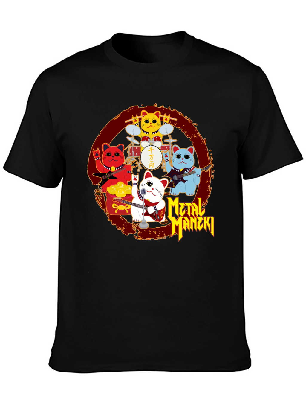Metal Maneki Neko Rock Band T-Shirt