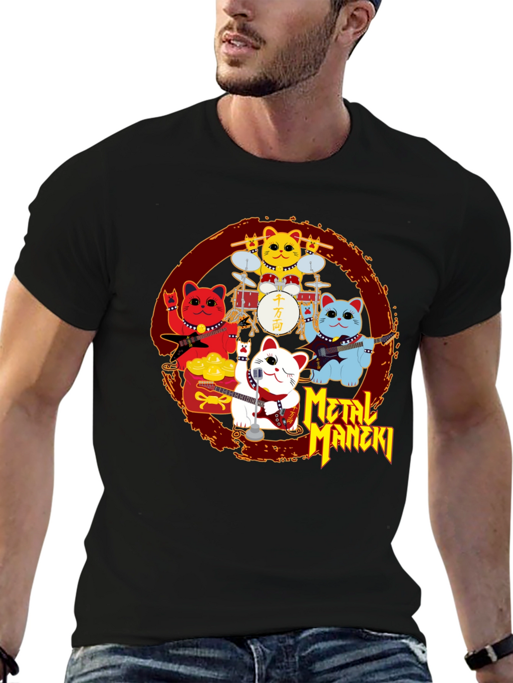 Metal Maneki Neko Rock Band T-Shirt