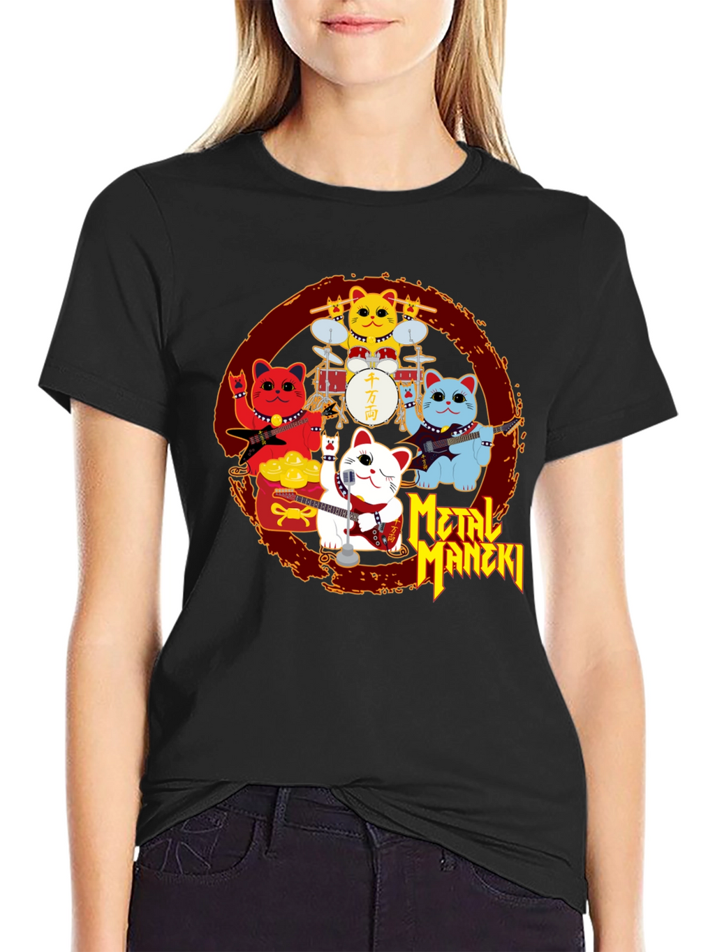 Metal Maneki Neko Rock Band T-Shirt