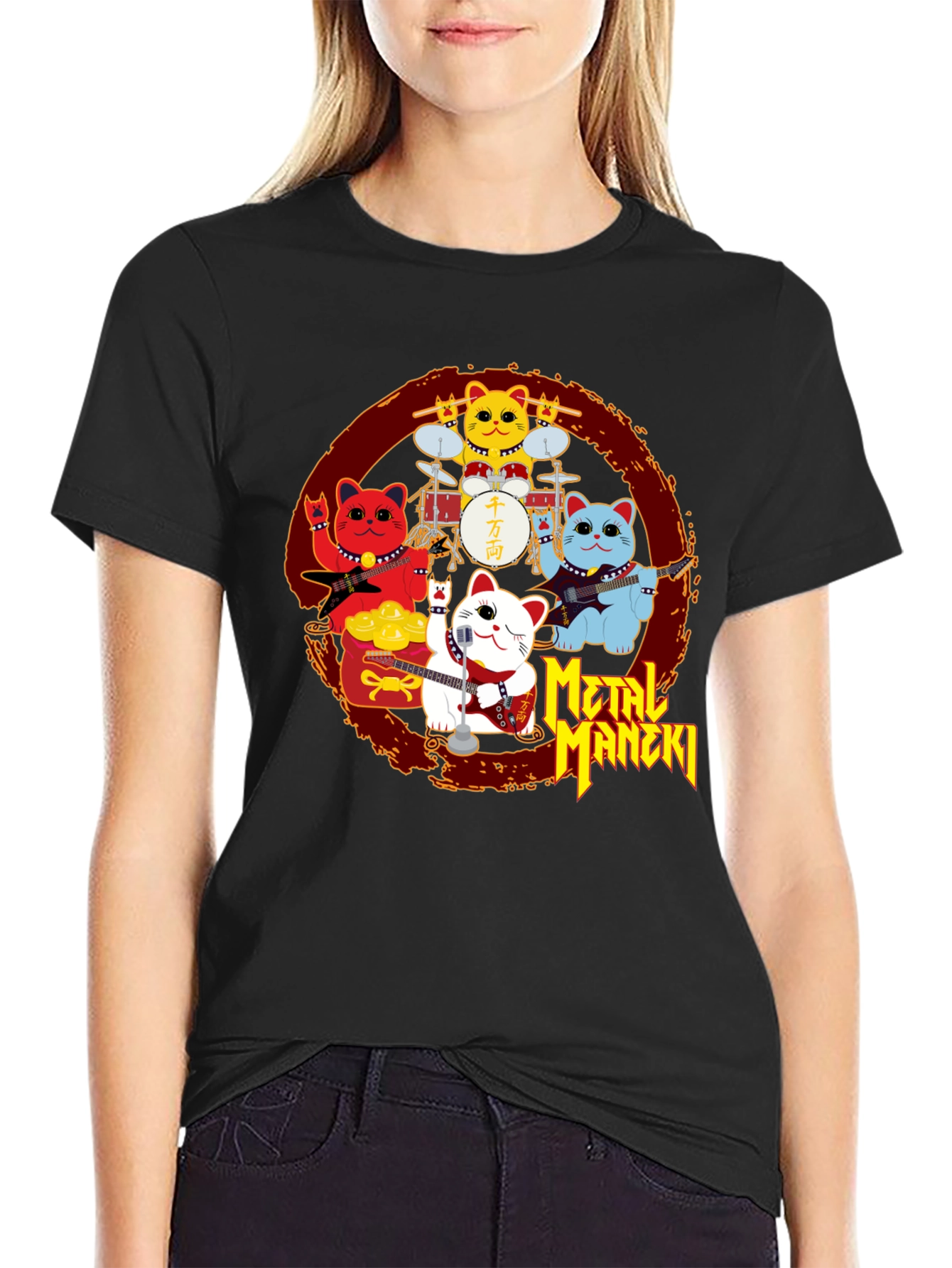 Metal Maneki Neko Rock Band T-Shirt
