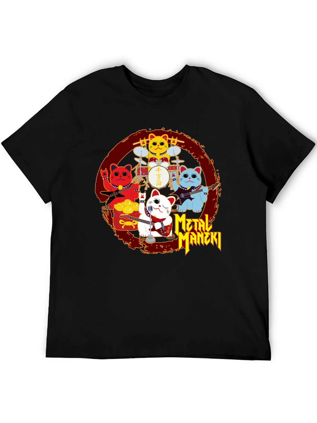 Metal Maneki Neko Rock Band T-Shirt