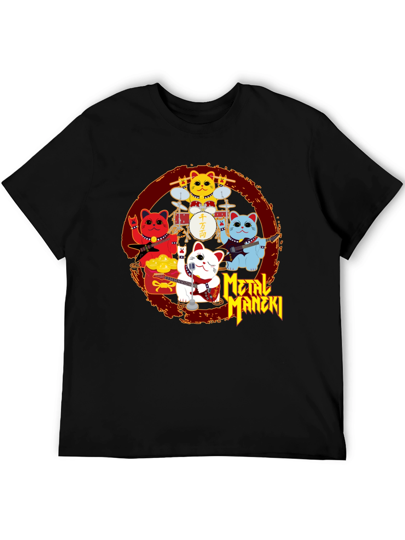 Metal Maneki Neko Rock Band T-Shirt