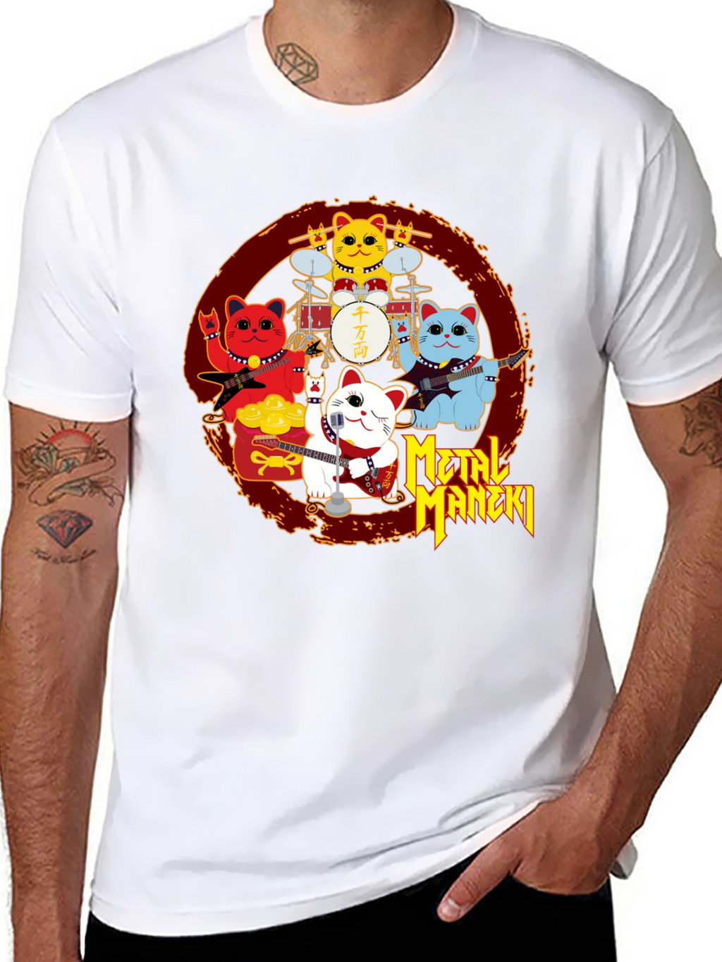 Metal Maneki Neko Rock Band T-Shirt