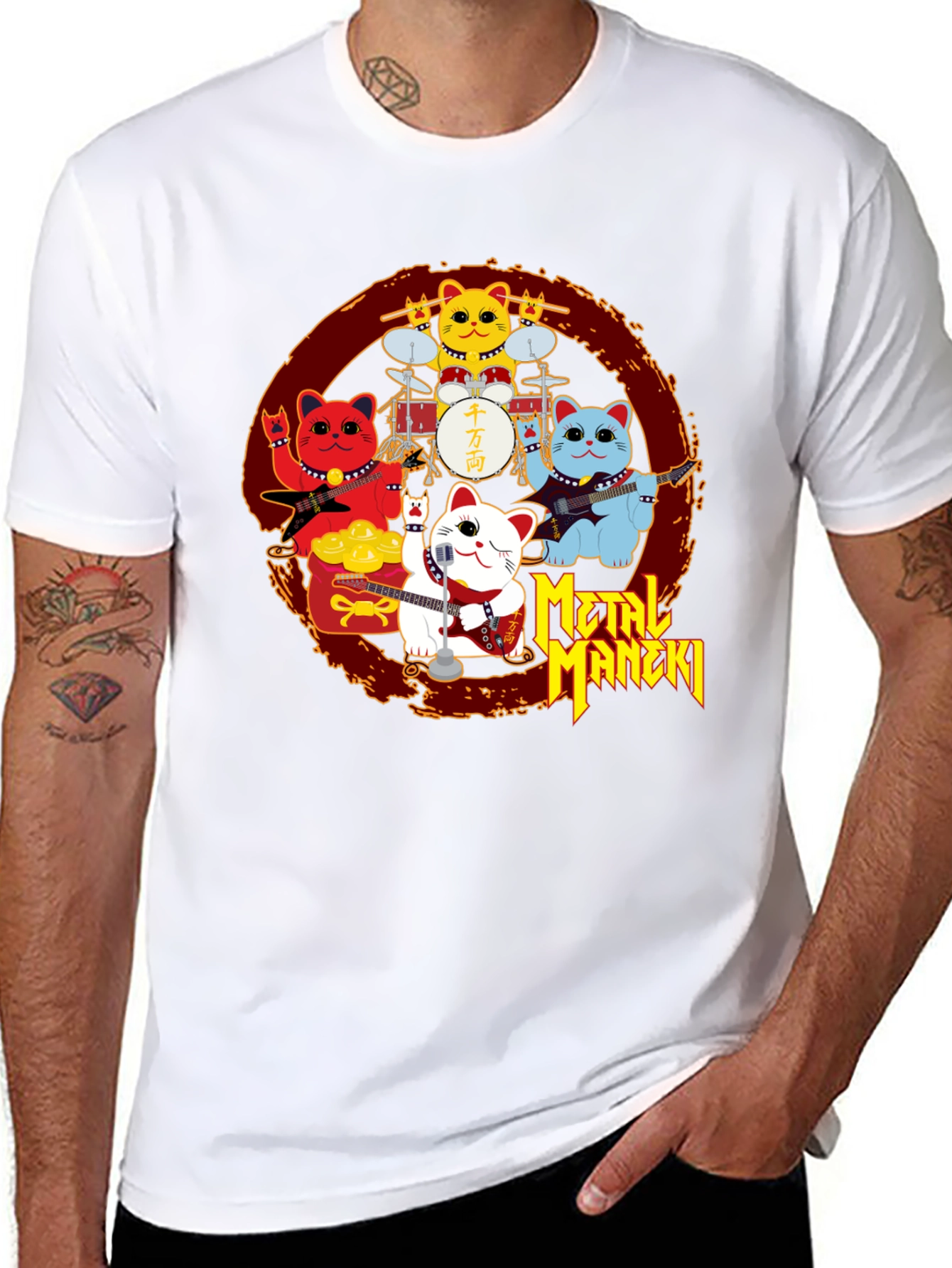 Metal Maneki Neko Rock Band T-Shirt