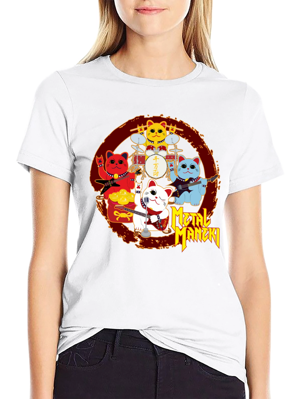 Metal Maneki Neko Rock Band T-Shirt