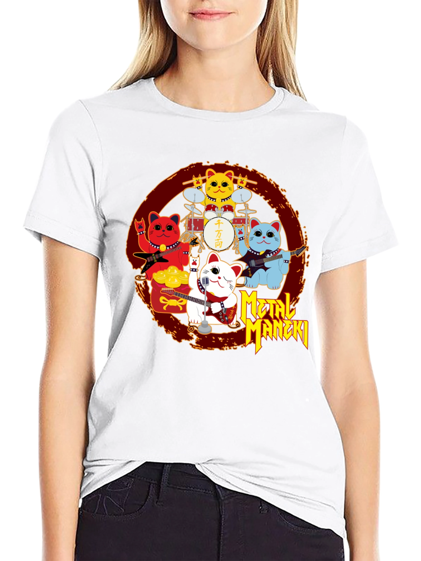 Metal Maneki Neko Rock Band T-Shirt