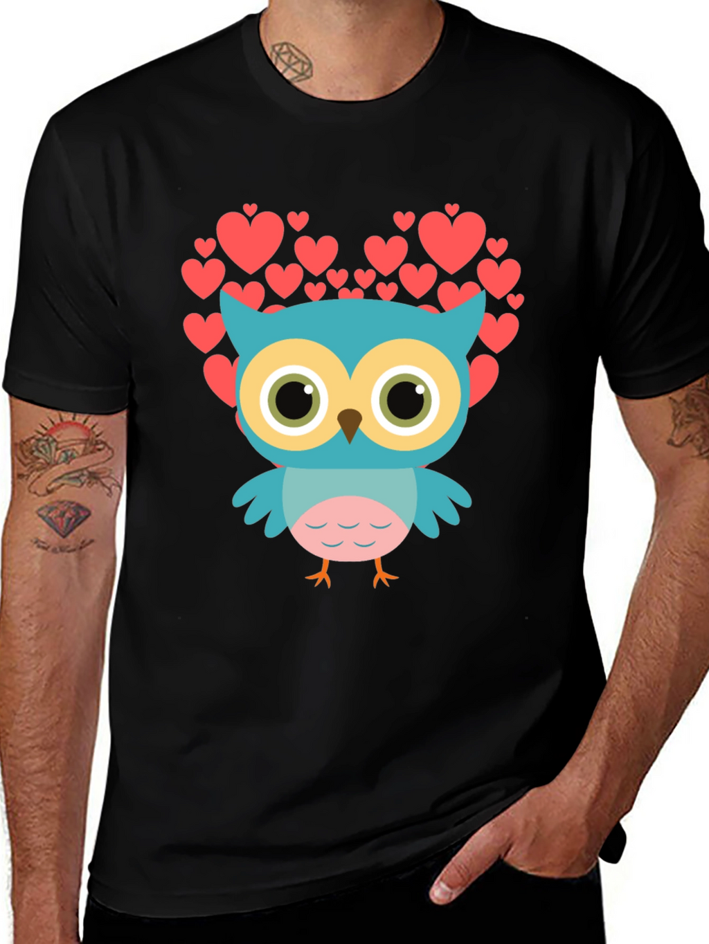 Owl Heart Graphic T-Shirt - Black