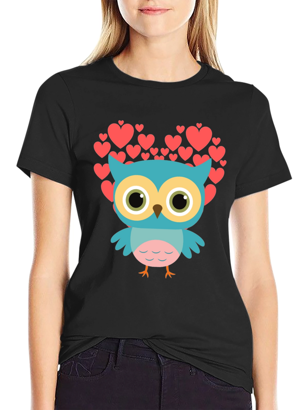 Owl Heart Graphic T-Shirt - Black