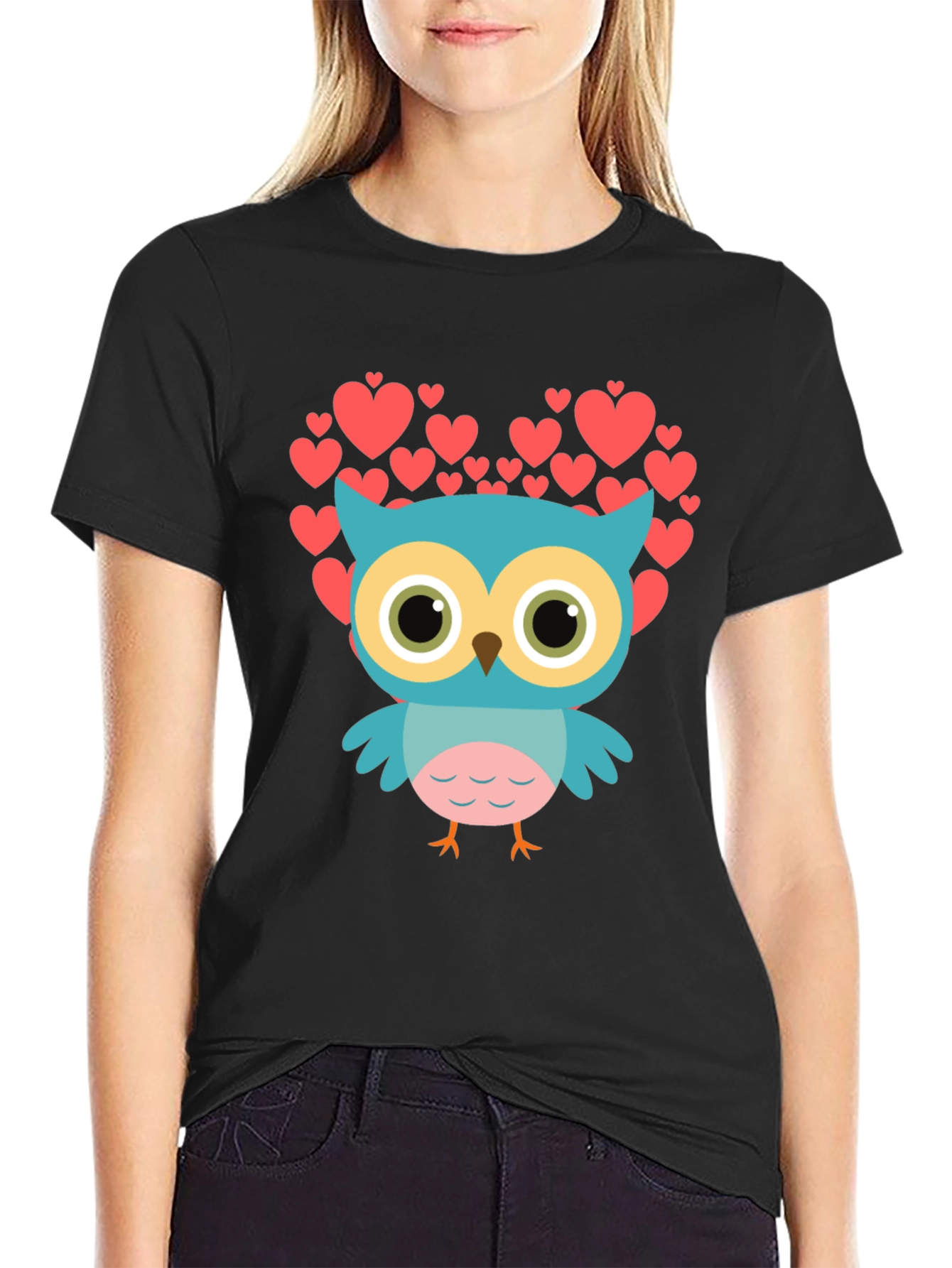 Owl Heart Graphic T-Shirt - Black