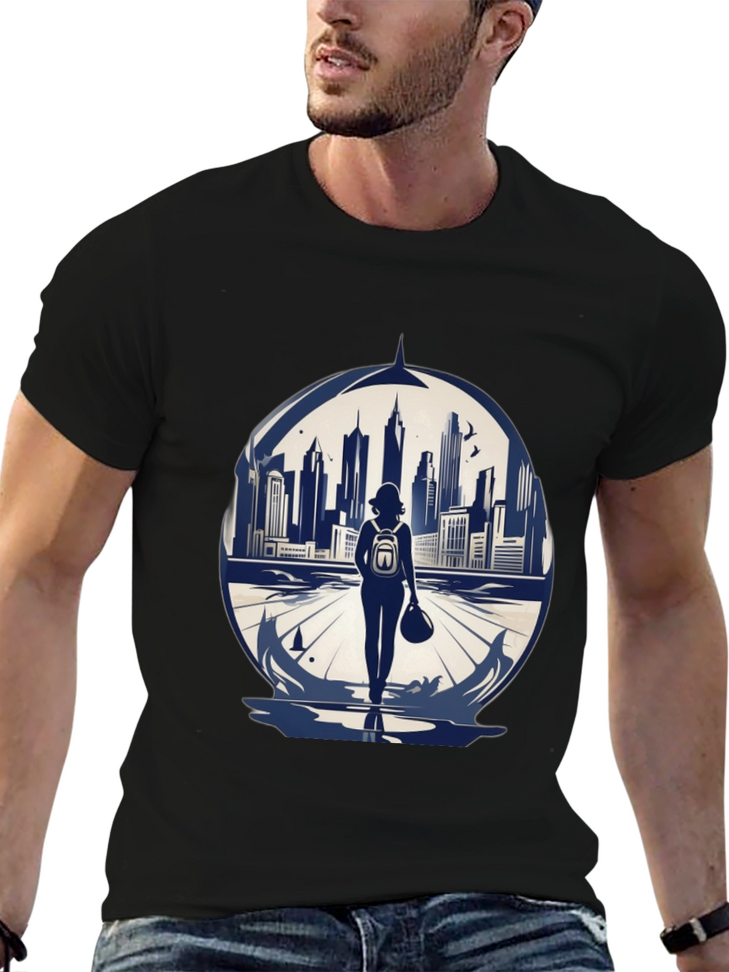 Cityscape Traveler Graphic Tee - Black