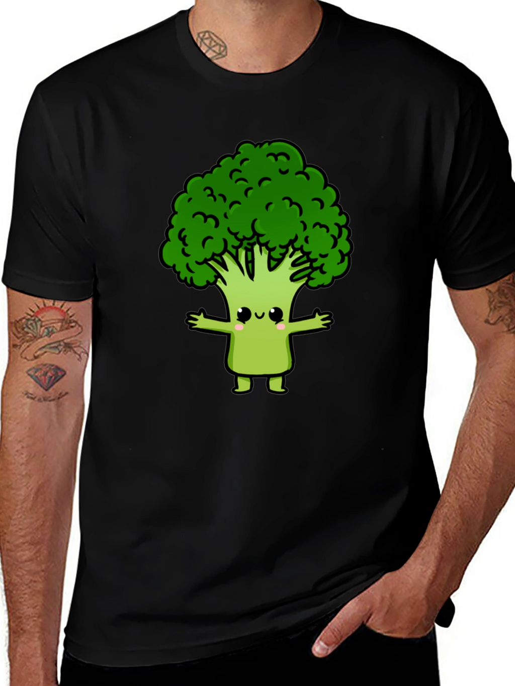 Cute Broccoli Cartoon Graphic T-Shirt - Black