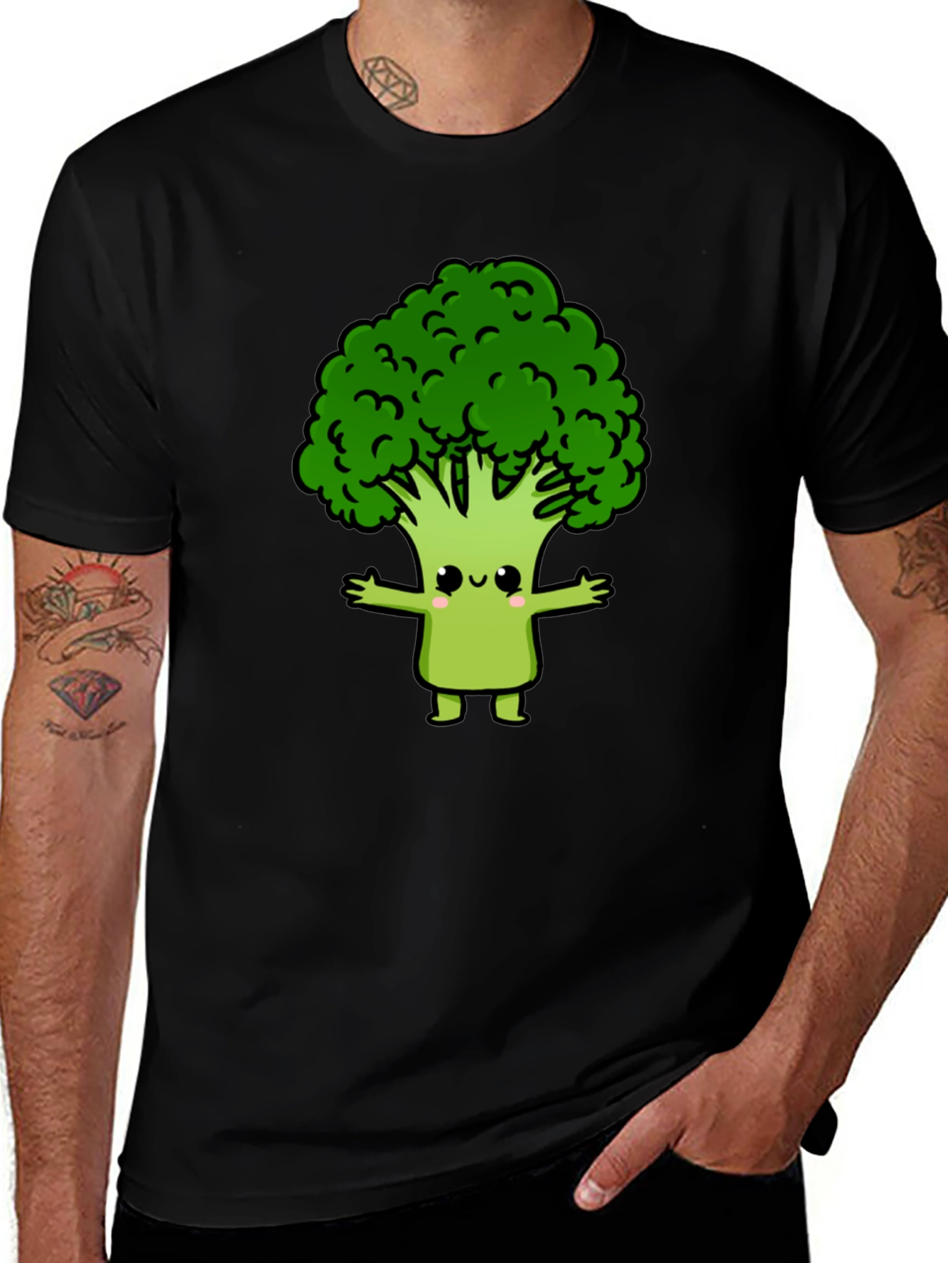 Cute Broccoli Cartoon Graphic T-Shirt - Black