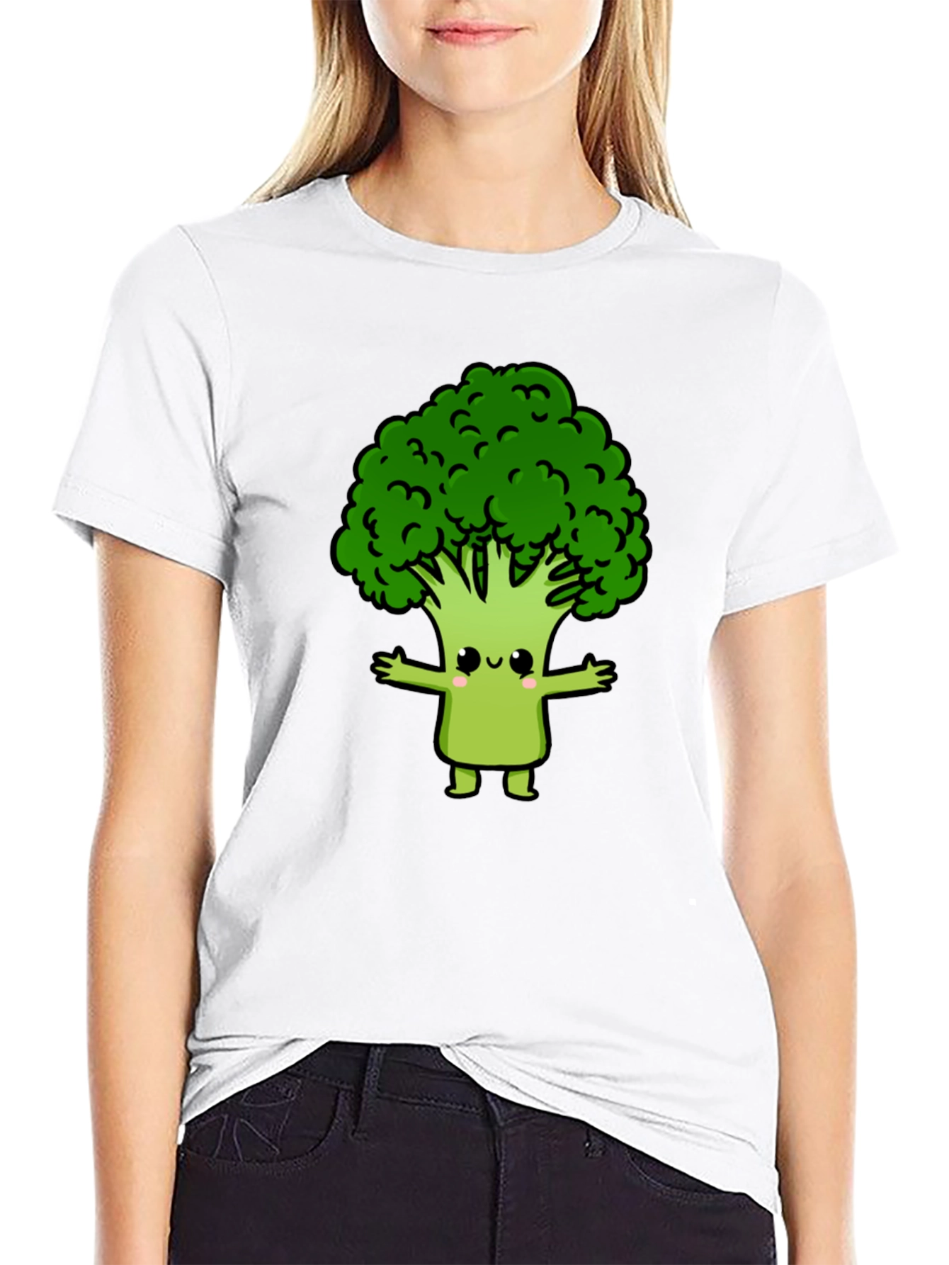 Cute Broccoli Cartoon Graphic T-Shirt - Black