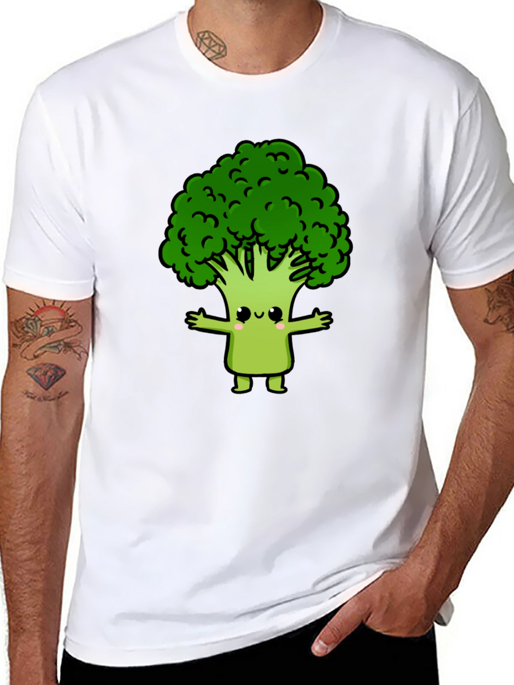 Cute Broccoli Cartoon Graphic T-Shirt - Black