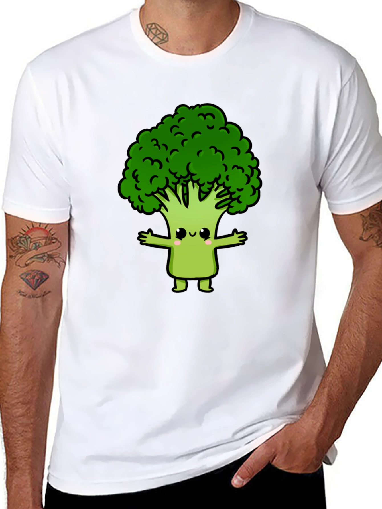 Cute Broccoli Cartoon Graphic T-Shirt - Black