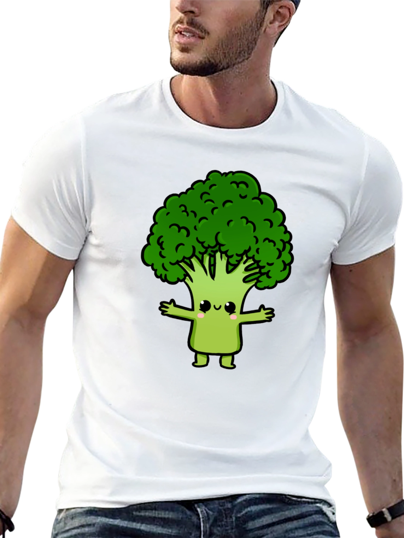 Cute Broccoli Cartoon Graphic T-Shirt - Black