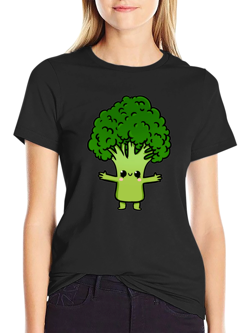 Cute Broccoli Cartoon Graphic T-Shirt - Black