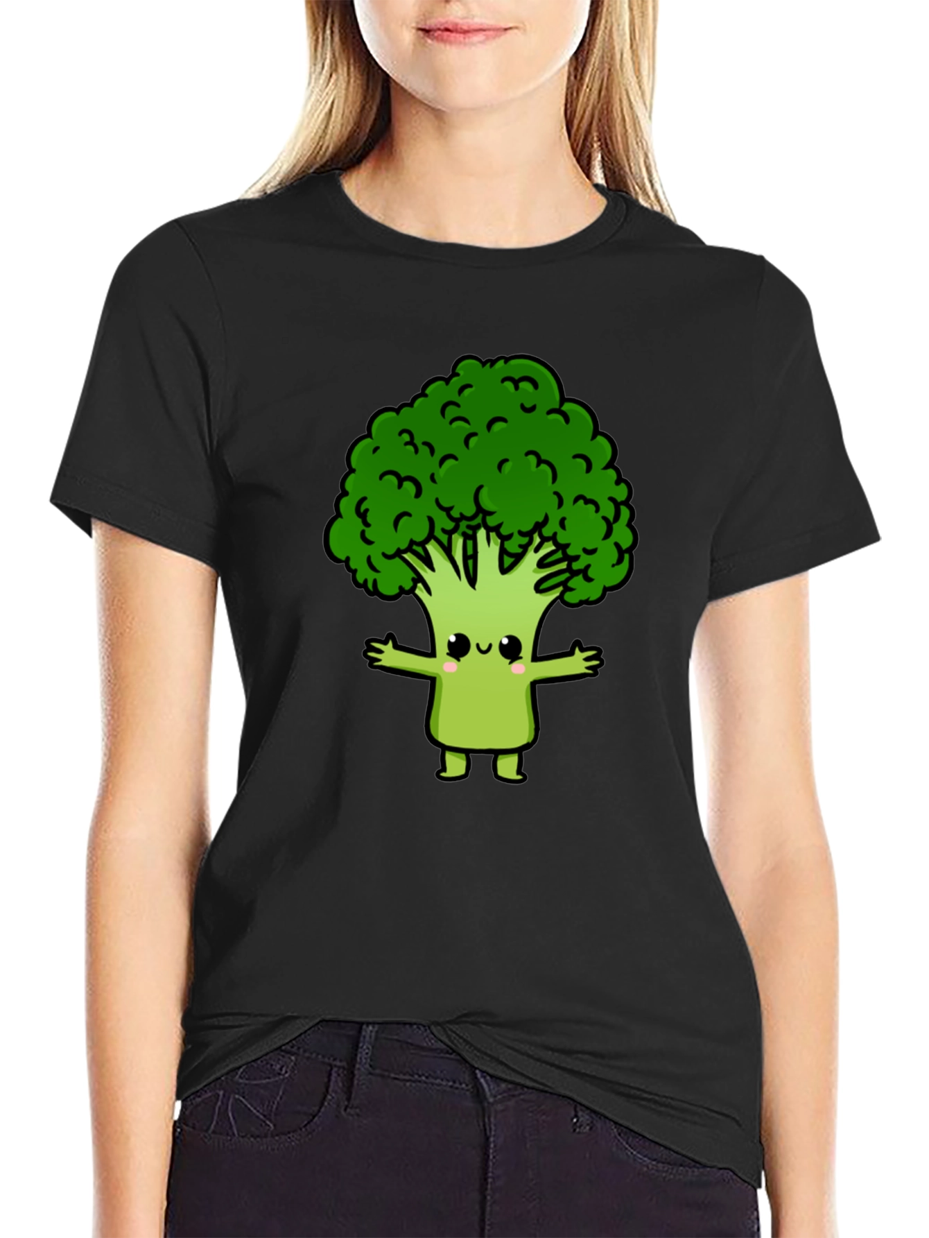 Cute Broccoli Cartoon Graphic T-Shirt - Black