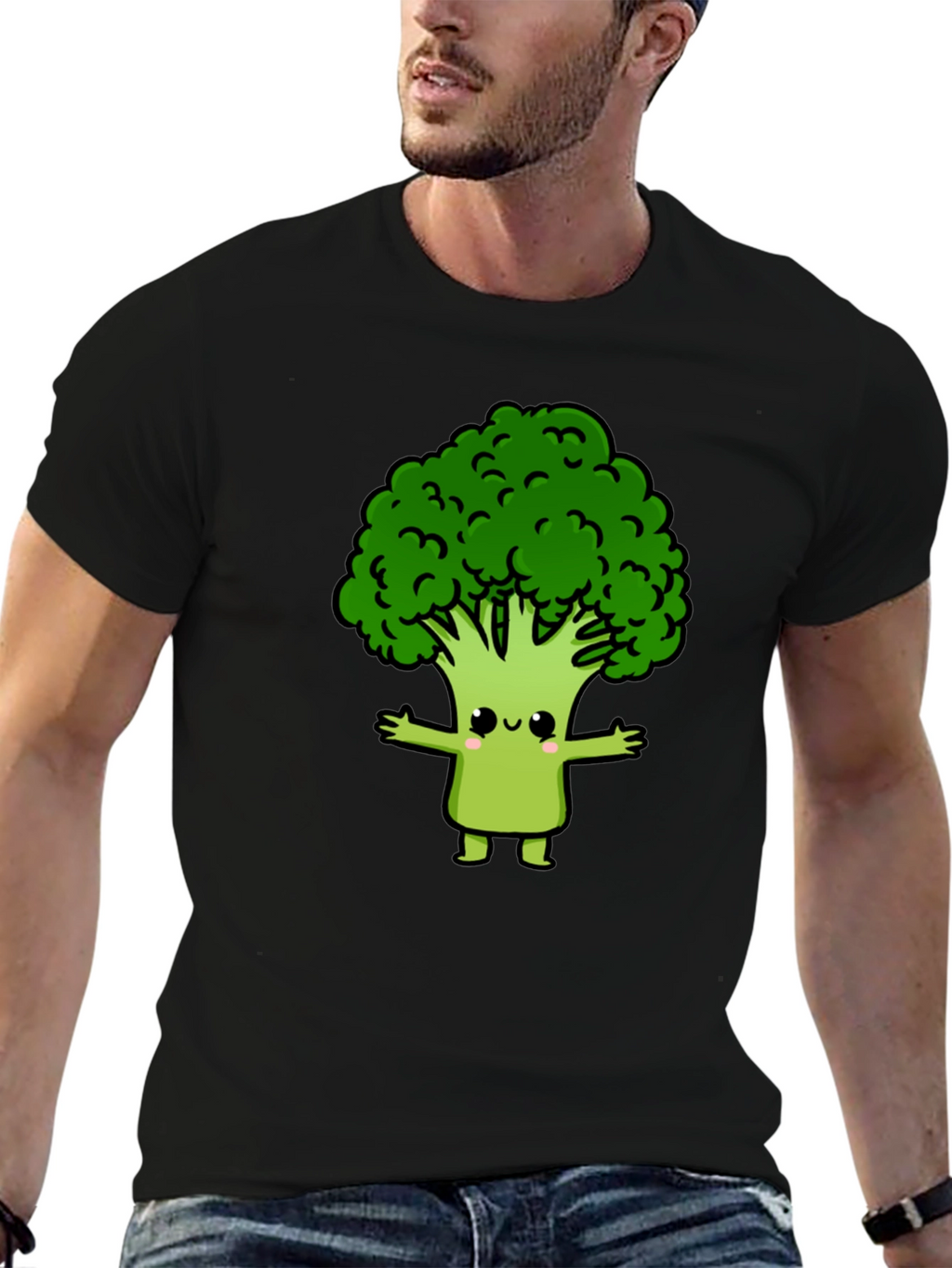 Cute Broccoli Cartoon Graphic T-Shirt - Black