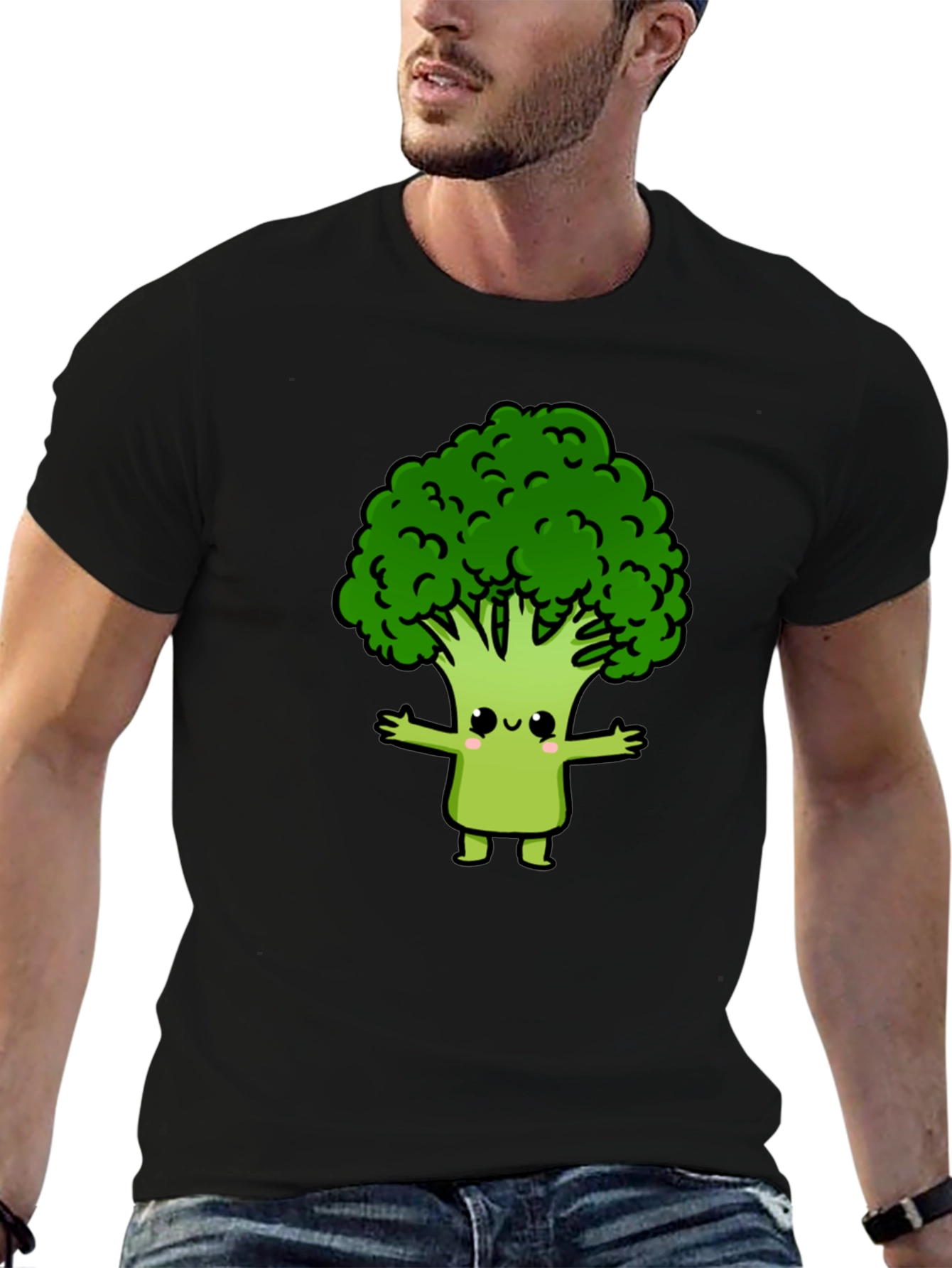 Cute Broccoli Cartoon Graphic T-Shirt - Black