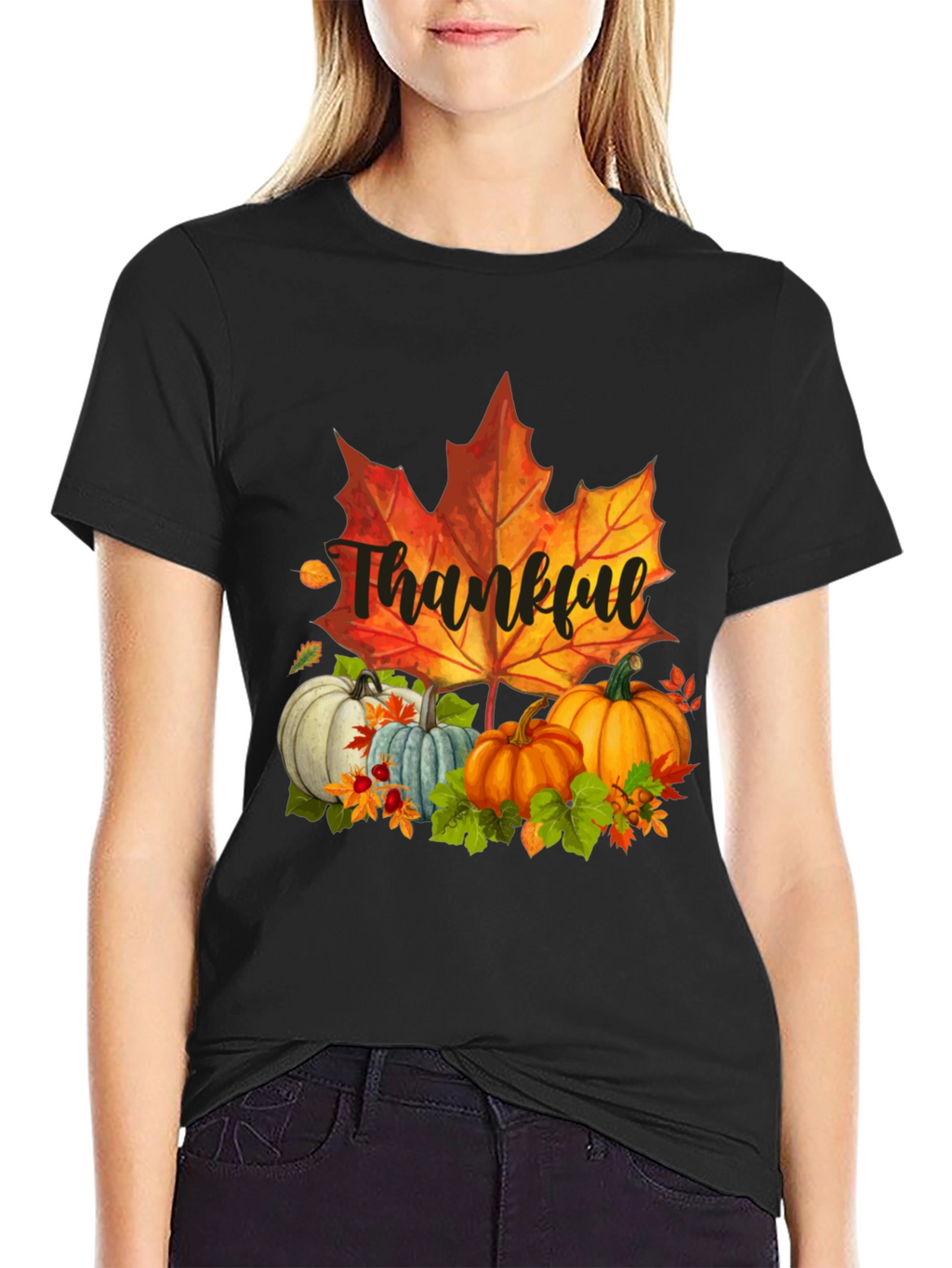 Thankful Fall T-Shirt: Pumpkins and Maple Leaf