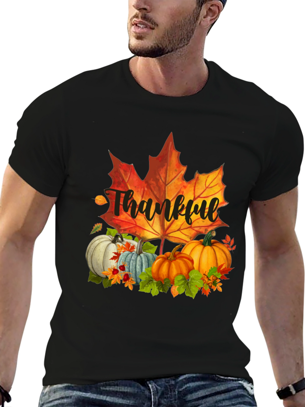 Thankful Fall T-Shirt: Pumpkins and Maple Leaf