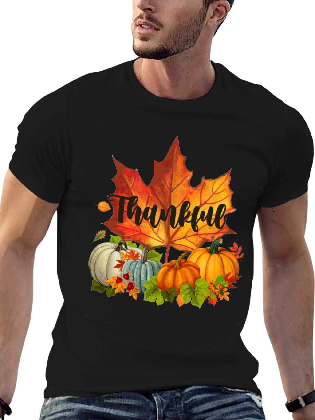 Thankful Fall T-Shirt: Pumpkins and Maple Leaf