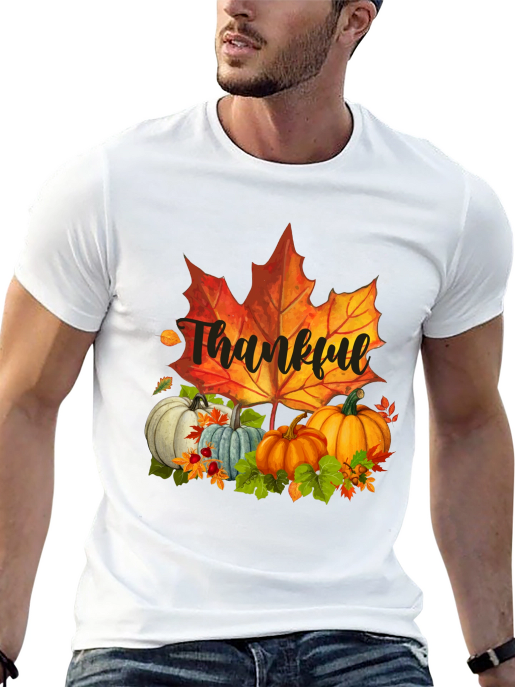 Thankful Fall T-Shirt: Pumpkins and Maple Leaf