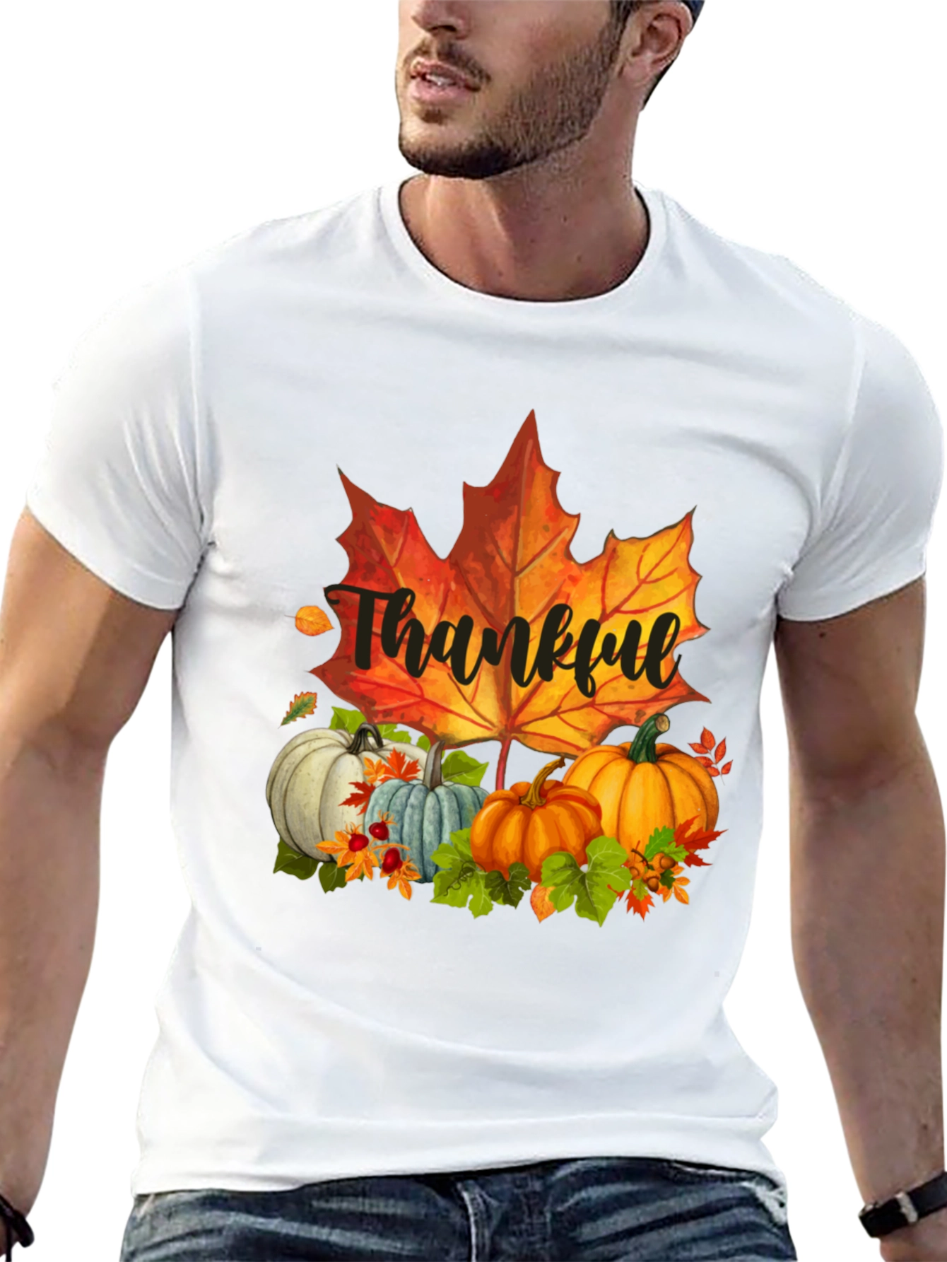 Thankful Fall T-Shirt: Pumpkins and Maple Leaf
