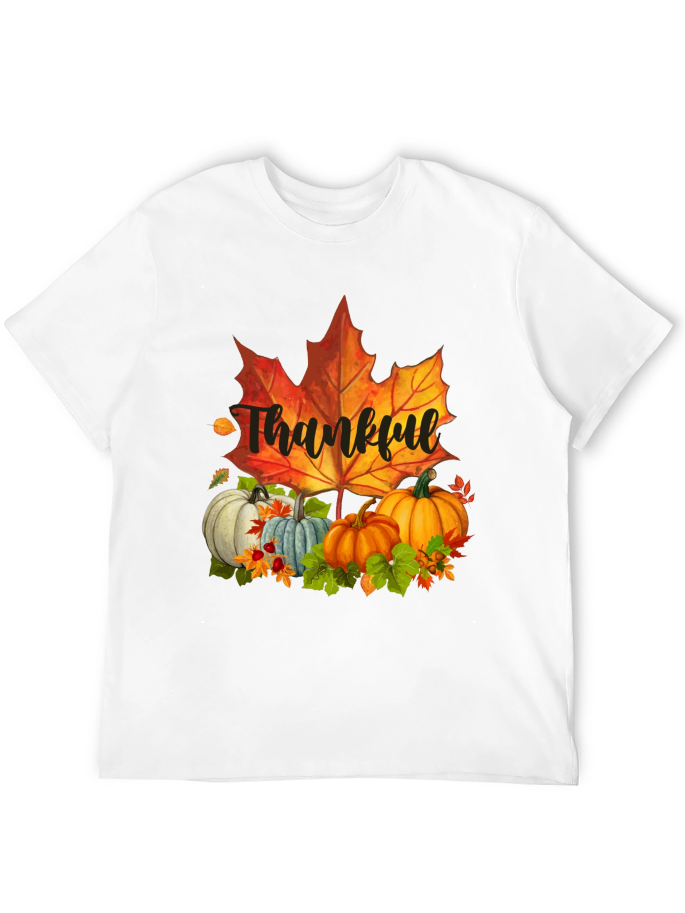 Thankful Fall T-Shirt: Pumpkins and Maple Leaf