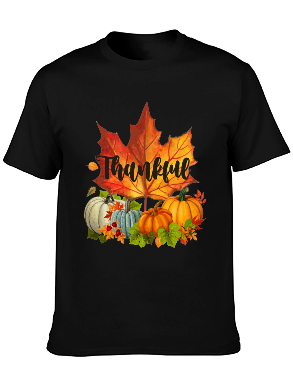 Thankful Fall T-Shirt: Pumpkins and Maple Leaf