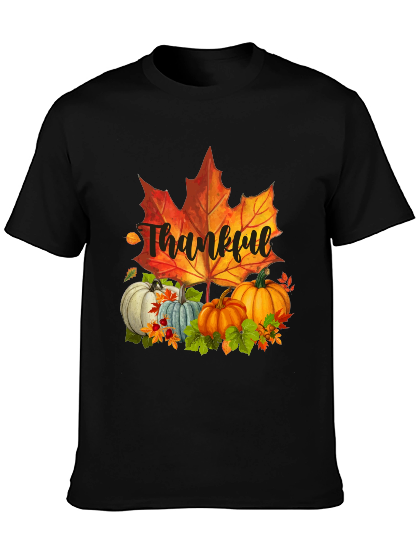 Thankful Fall T-Shirt: Pumpkins and Maple Leaf