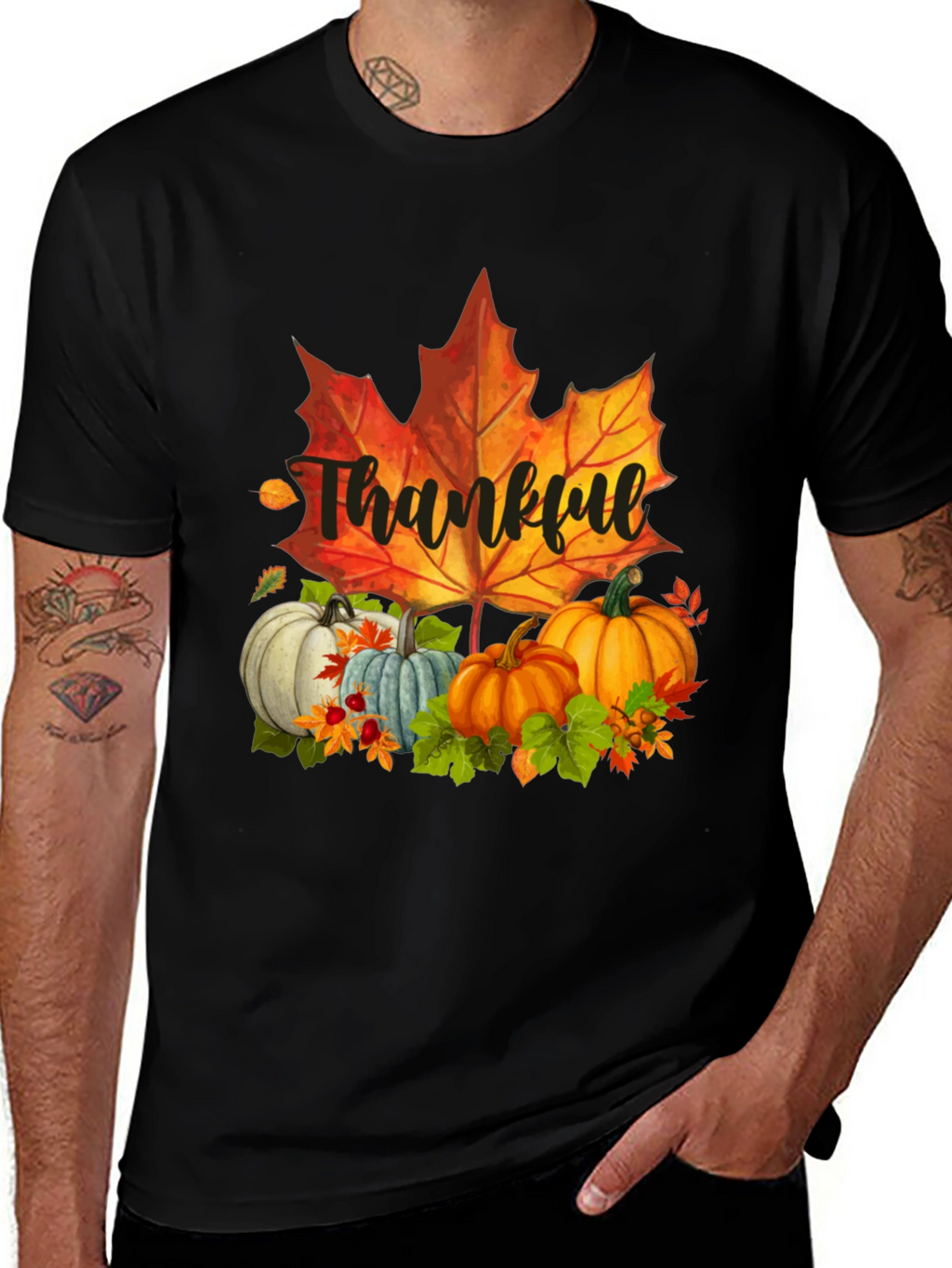 Thankful Fall T-Shirt: Pumpkins and Maple Leaf