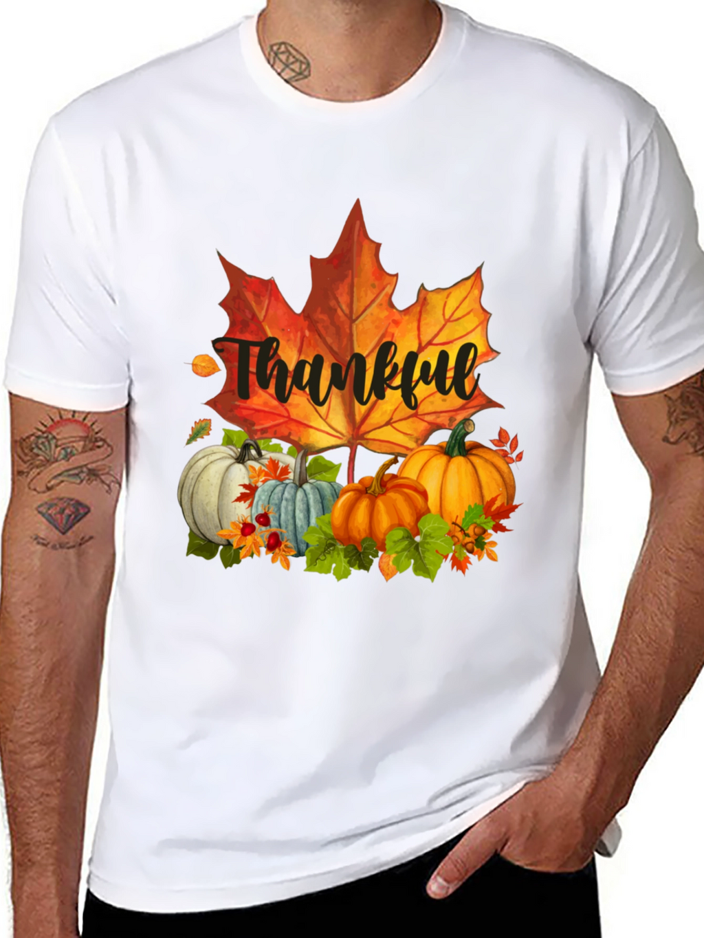 Thankful Fall T-Shirt: Pumpkins and Maple Leaf