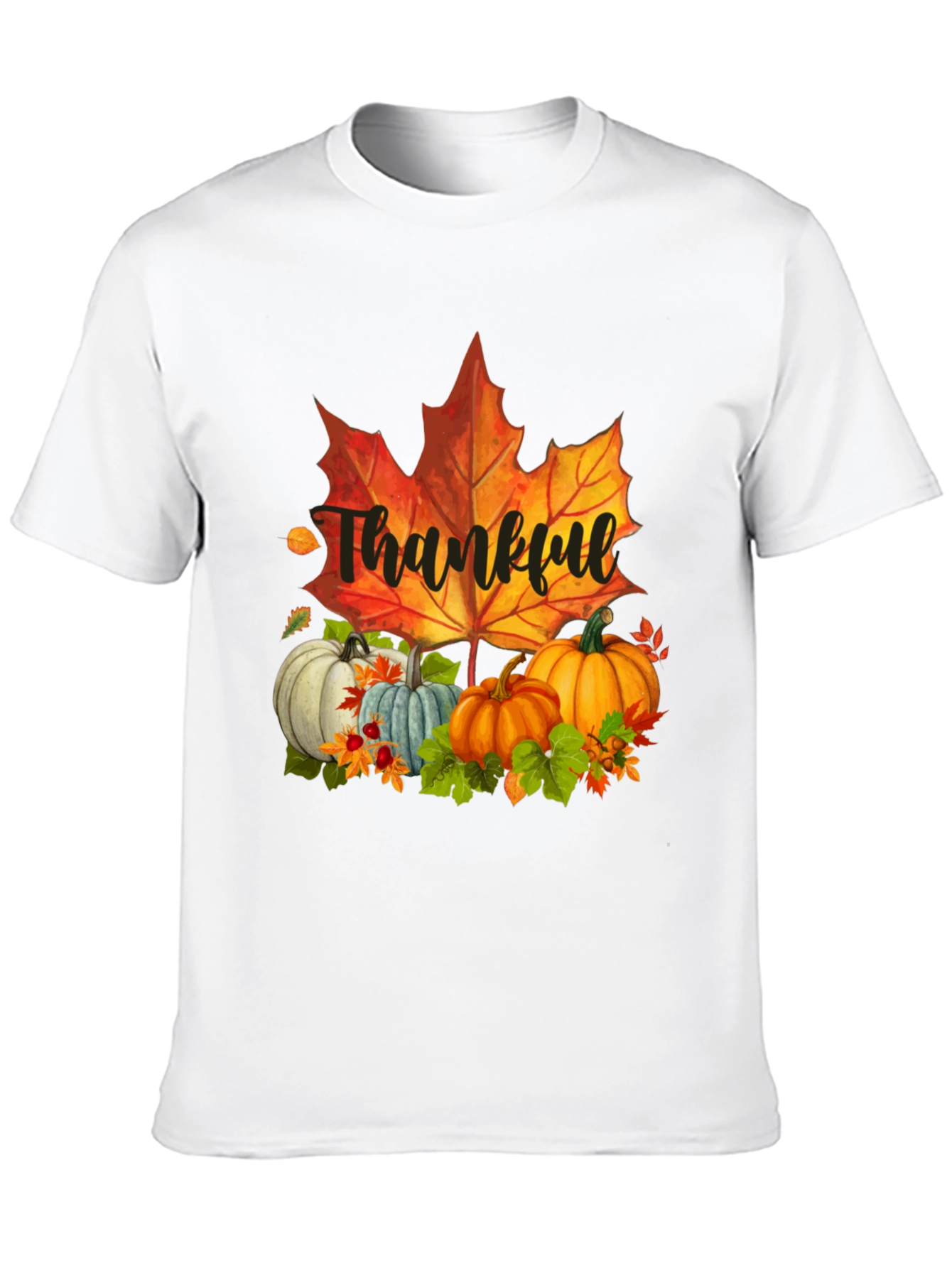 Thankful Fall T-Shirt: Pumpkins and Maple Leaf