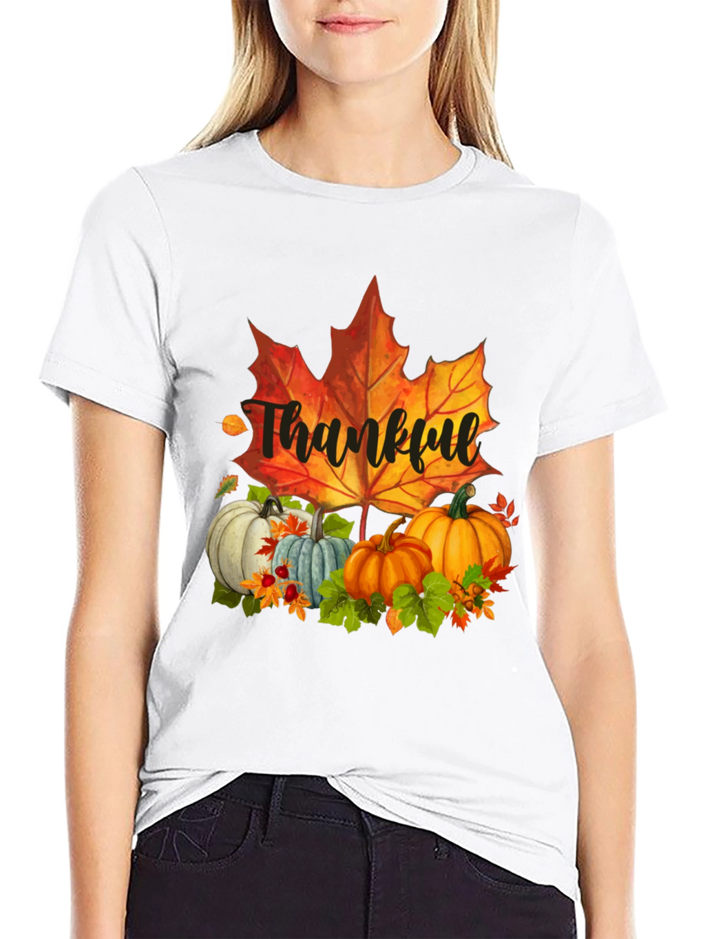 Thankful Fall T-Shirt: Pumpkins and Maple Leaf