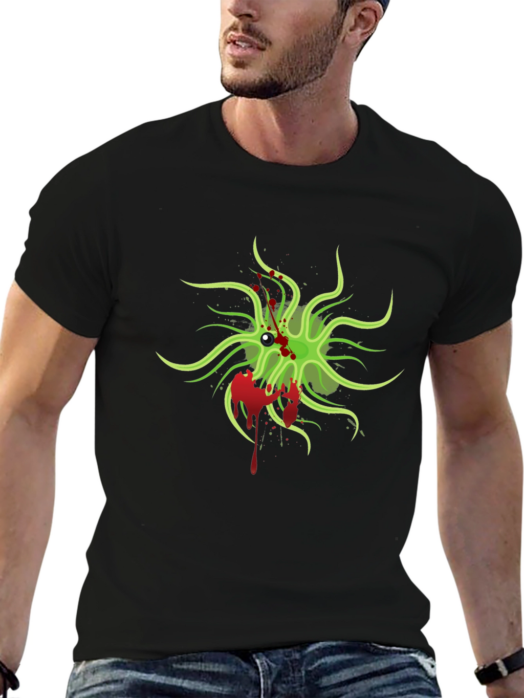 Mens Black T-Shirt with Green Monster Graphic