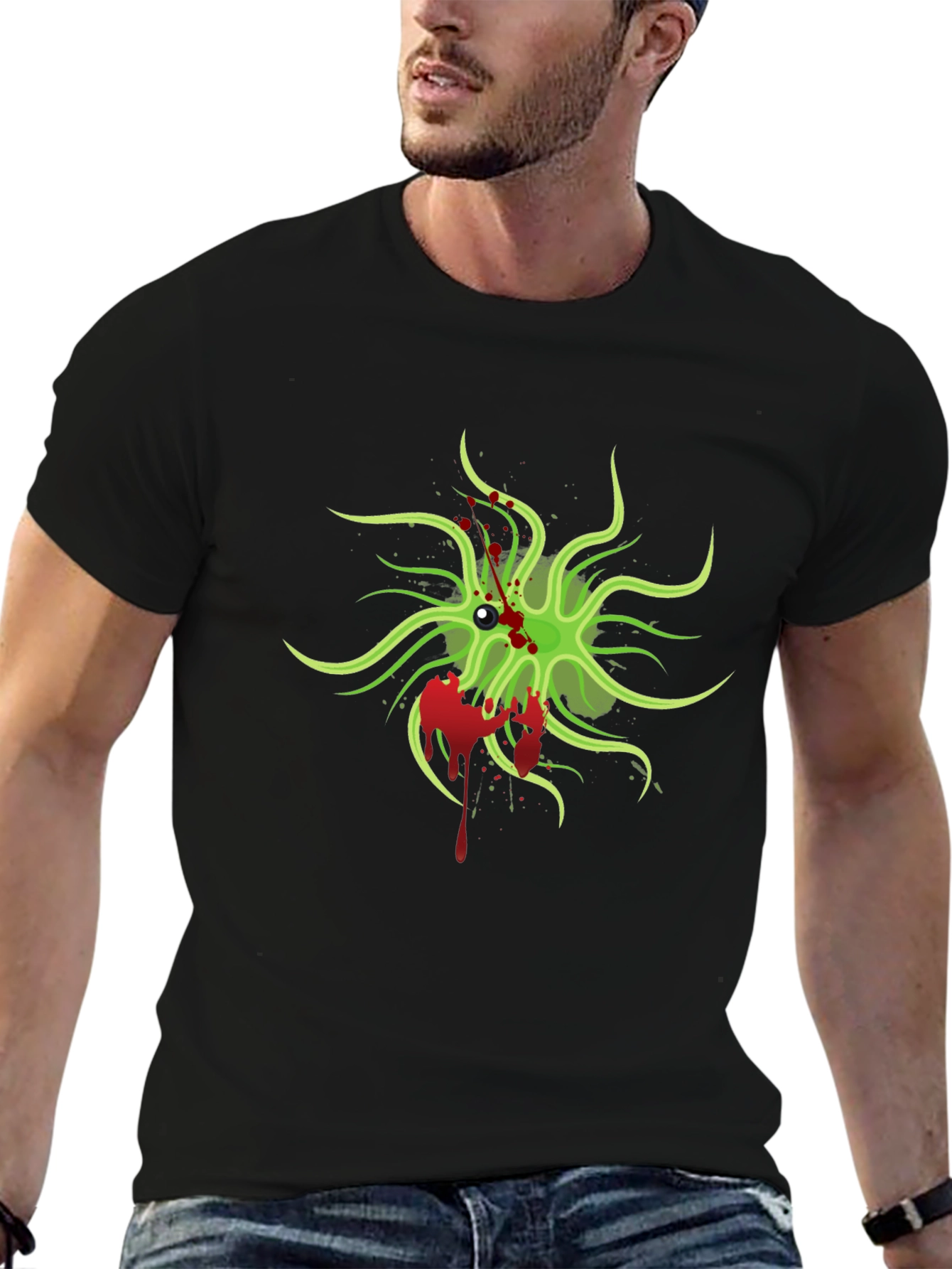 Mens Black T-Shirt with Green Monster Graphic