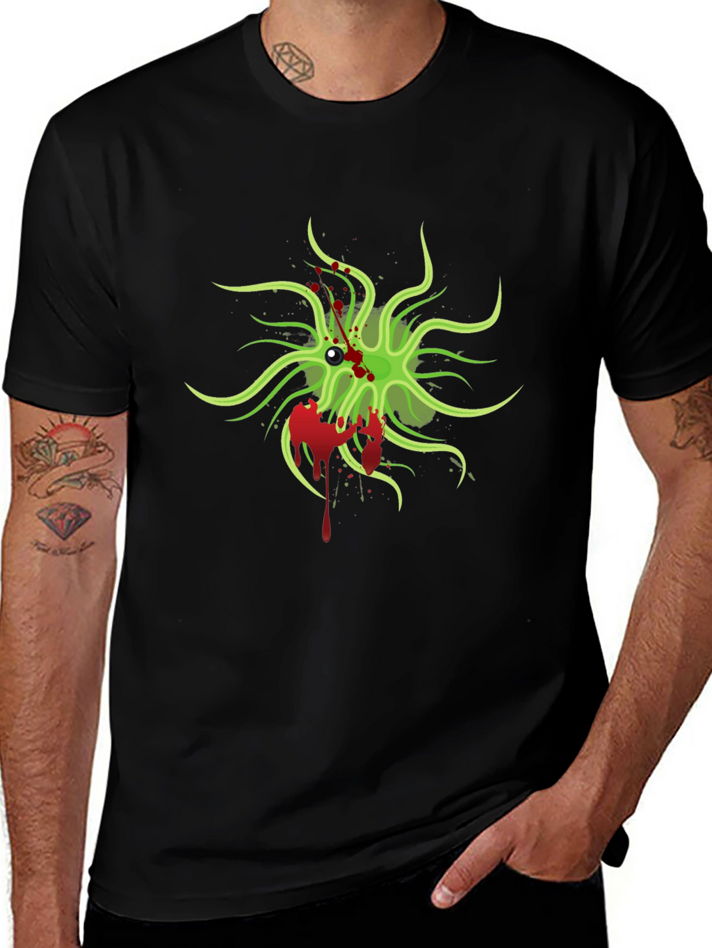 Mens Black T-Shirt with Green Monster Graphic