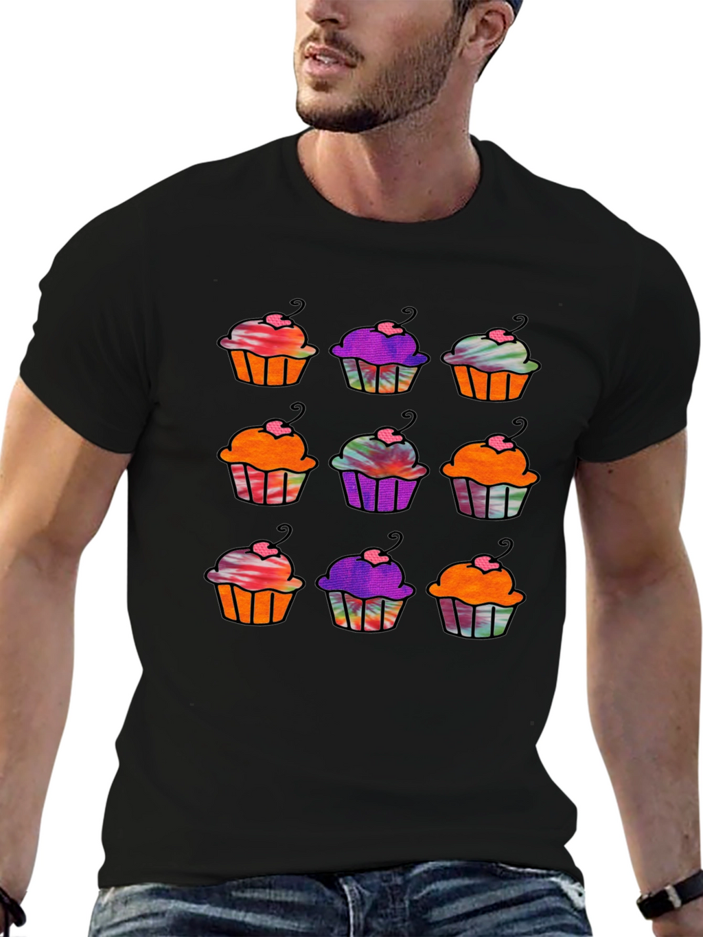 Cupcake Pattern Black T-Shirt