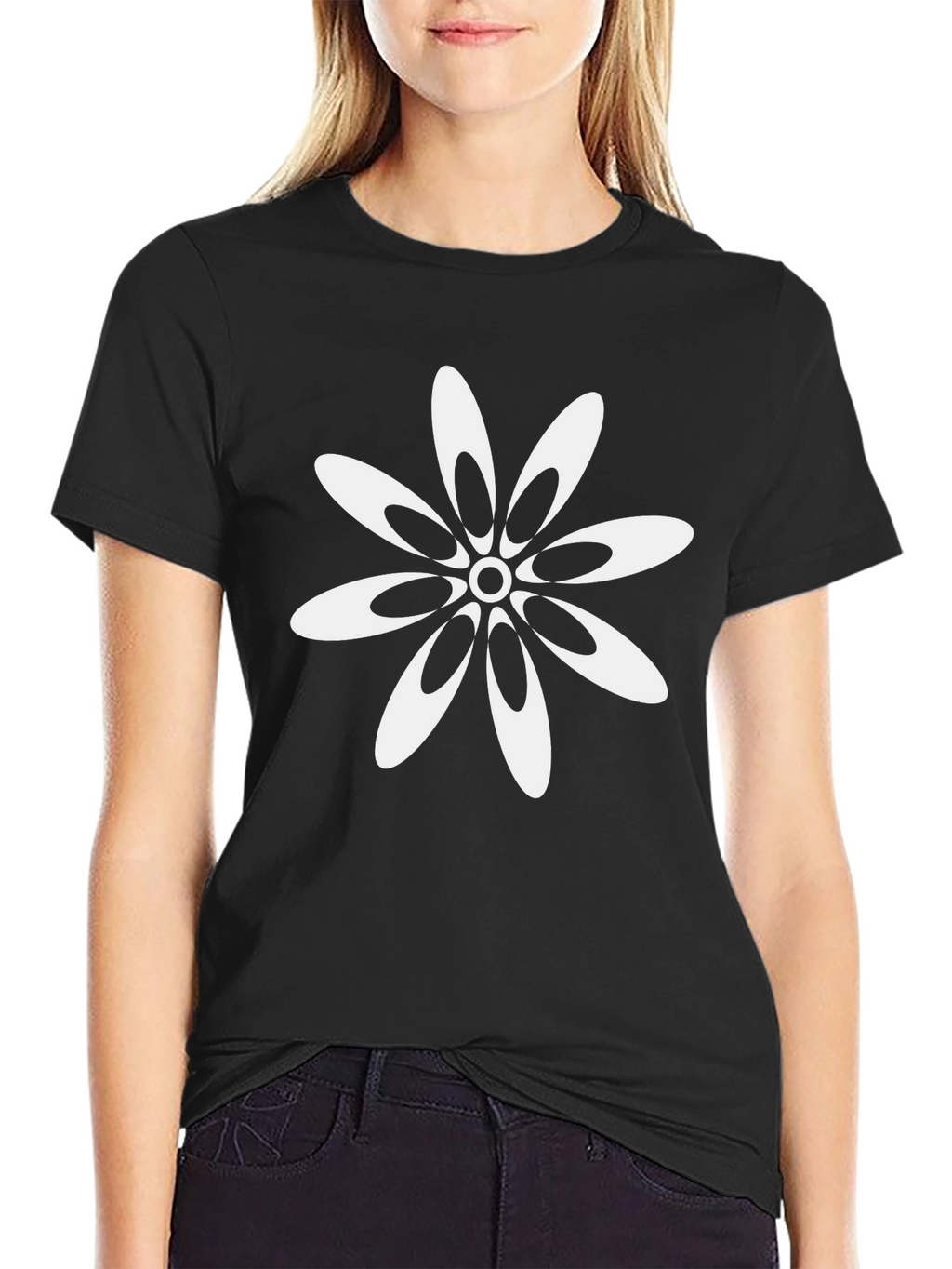 Black T-Shirt with White Flower Design