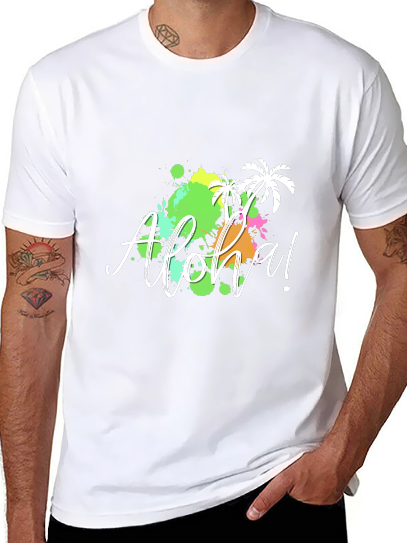 Aloha! Black T-Shirt with Tropical Splatter