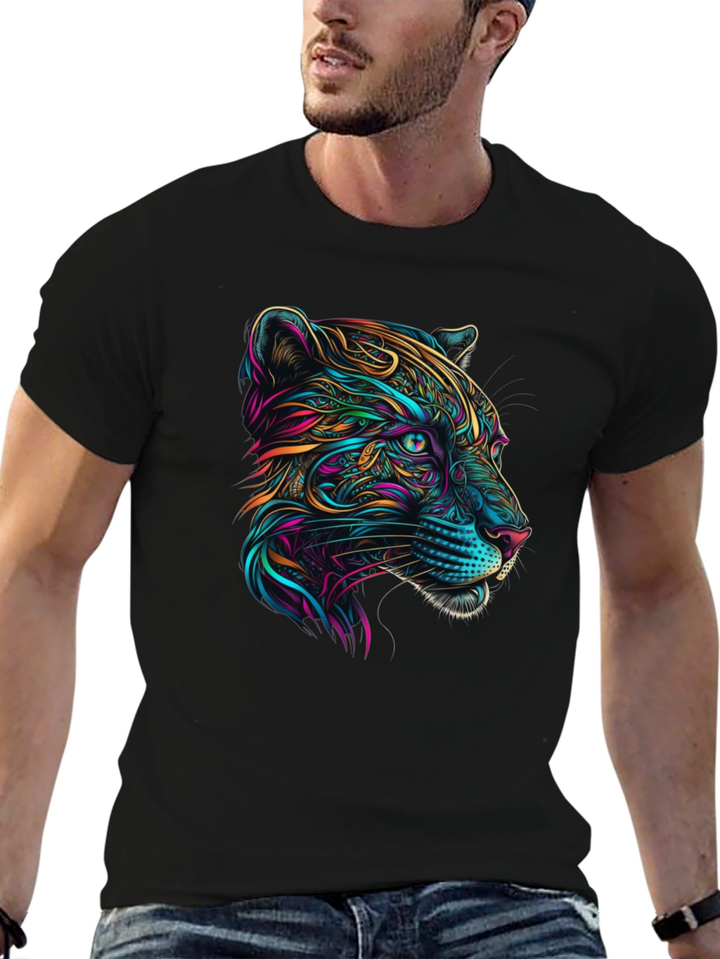 Vibrant Panther Graphic Tee - Stylish Mens Black T-Shirt