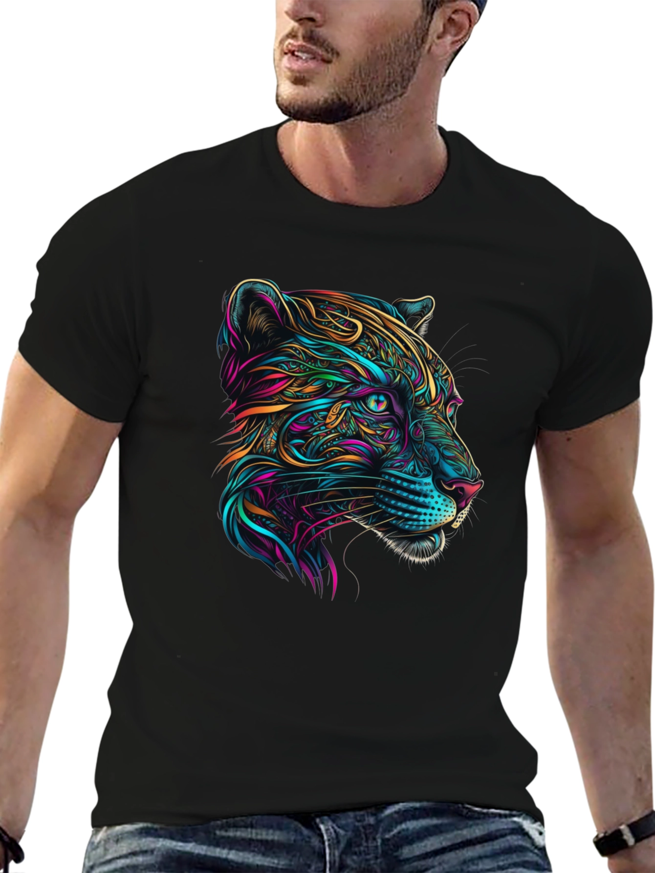Vibrant Panther Graphic Tee - Stylish Mens Black T-Shirt