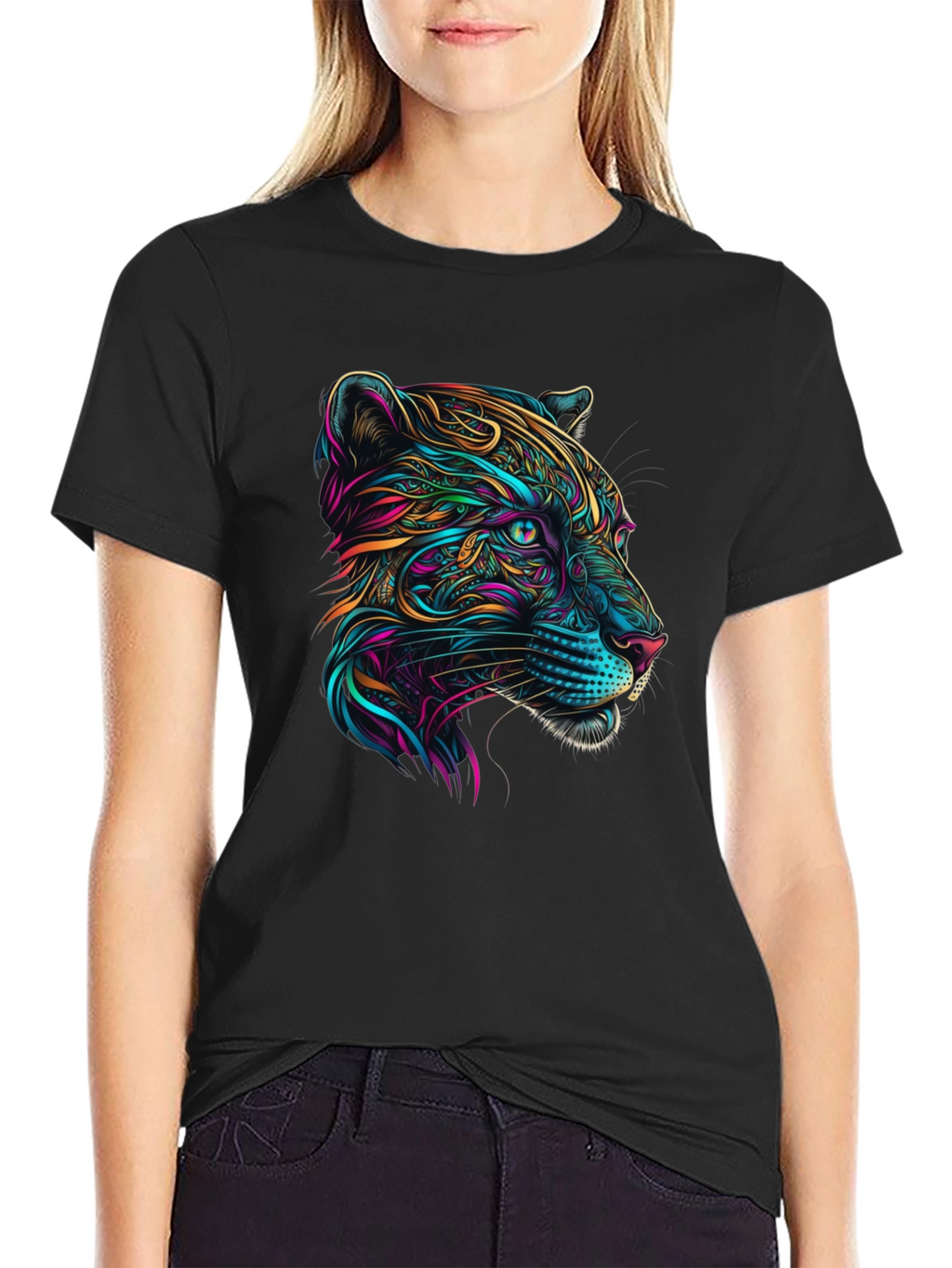 Vibrant Panther Graphic Tee - Stylish Mens Black T-Shirt