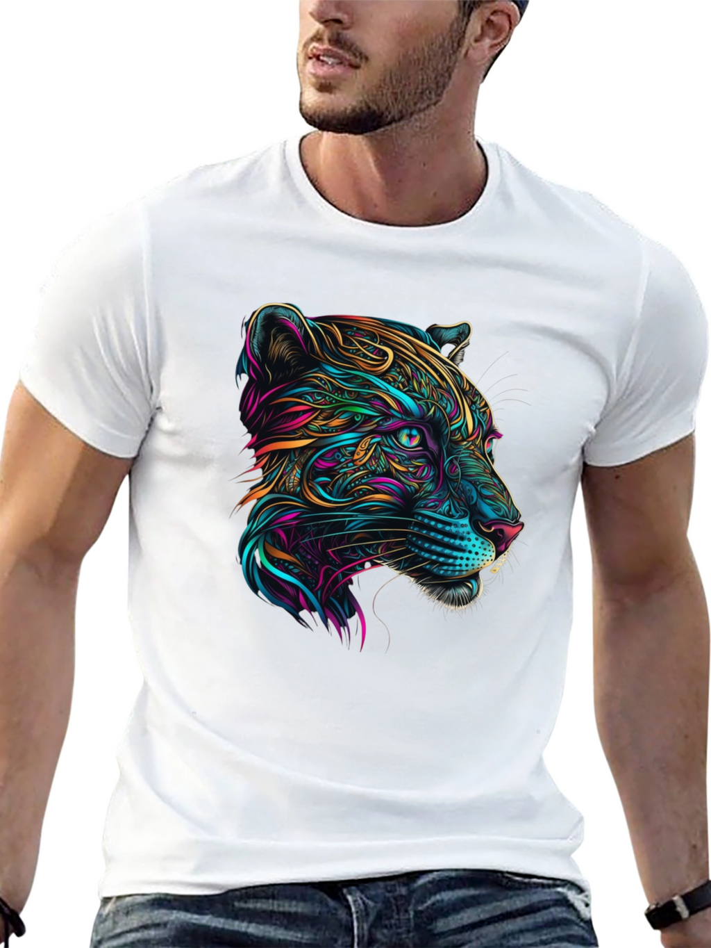 Vibrant Panther Graphic Tee - Stylish Mens Black T-Shirt