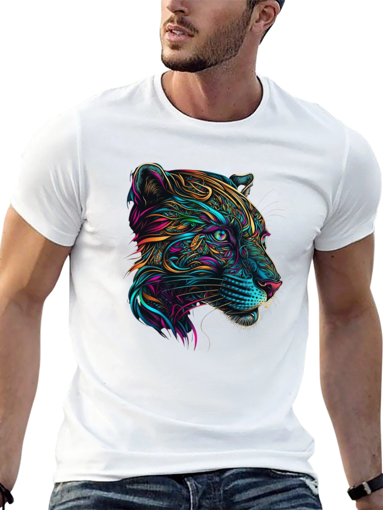 Vibrant Panther Graphic Tee - Stylish Mens Black T-Shirt