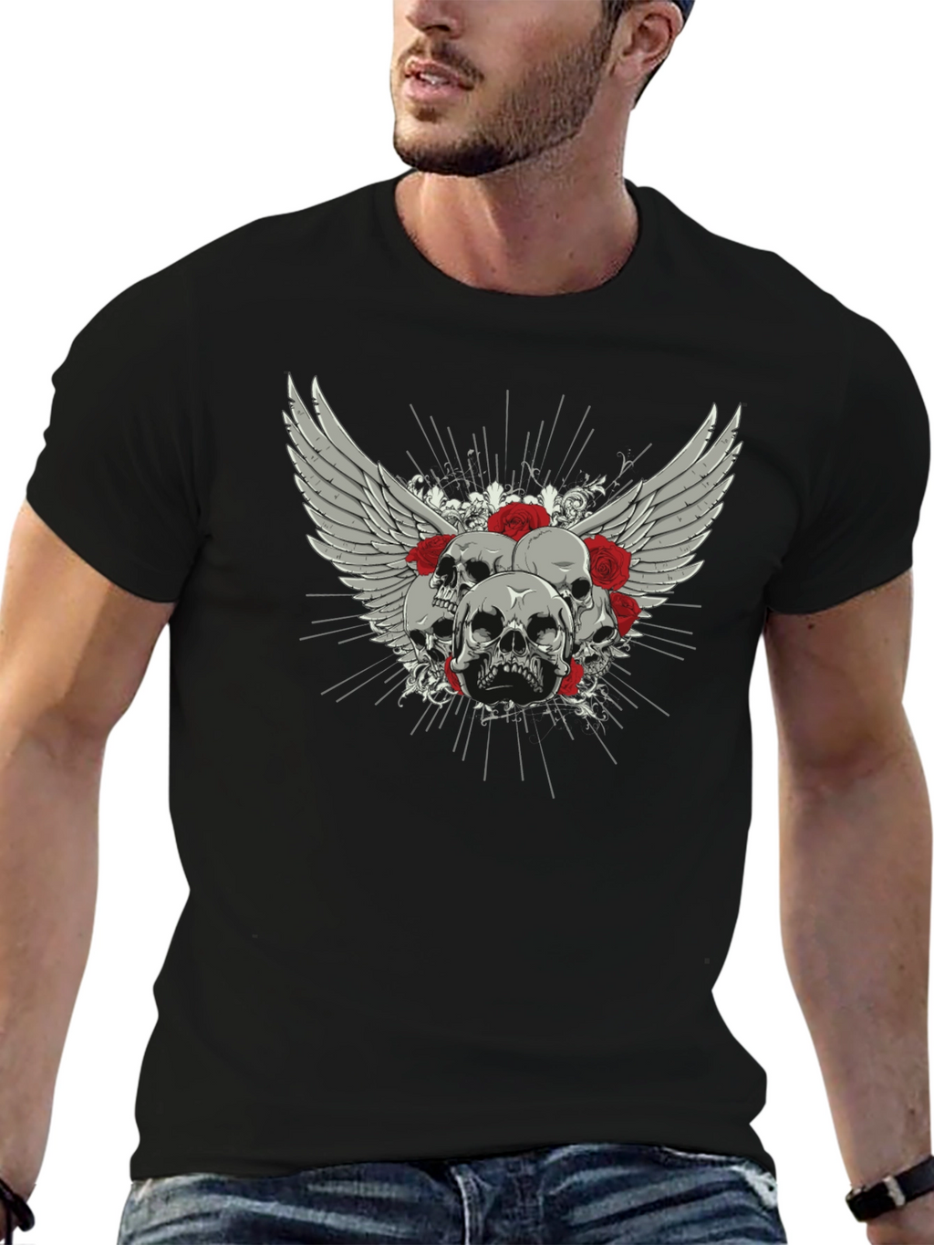 Skull & Roses Graphic Print Black T-Shirt