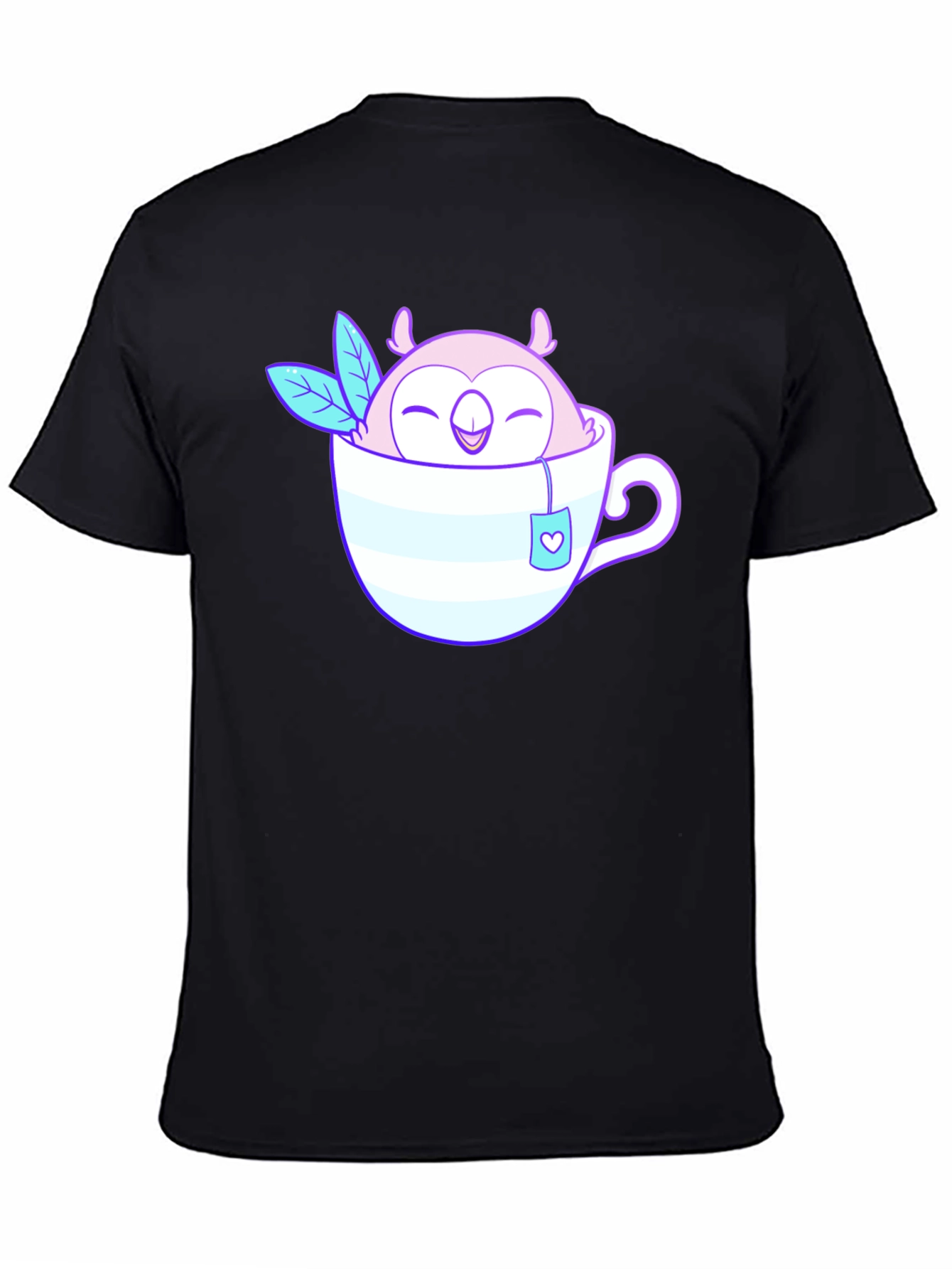 Cute Owl in Teacup Graphic Tee - Black Cotton T-Shirt